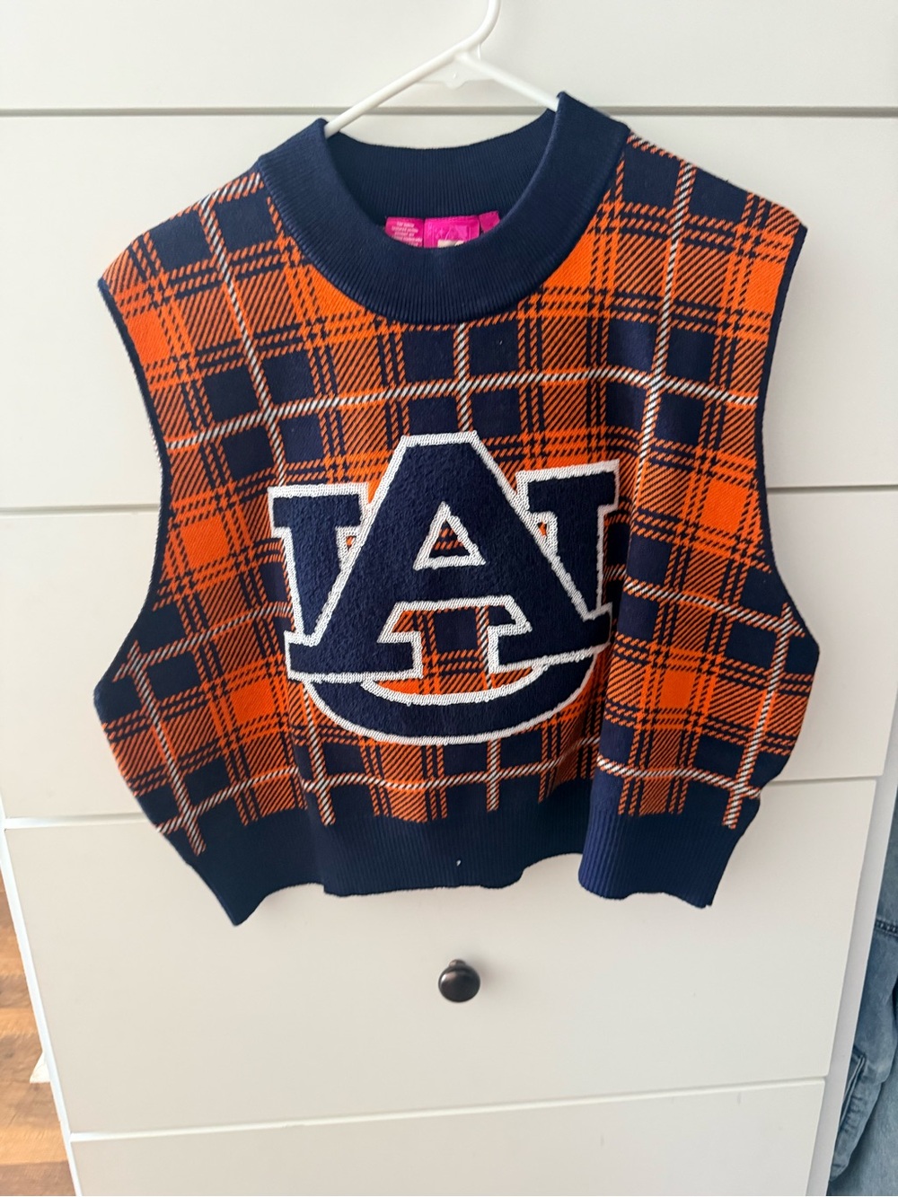 QUEEN OF SPARKLES Navy and Orange Plaid Sleeveless V-Neck Sweater Vest